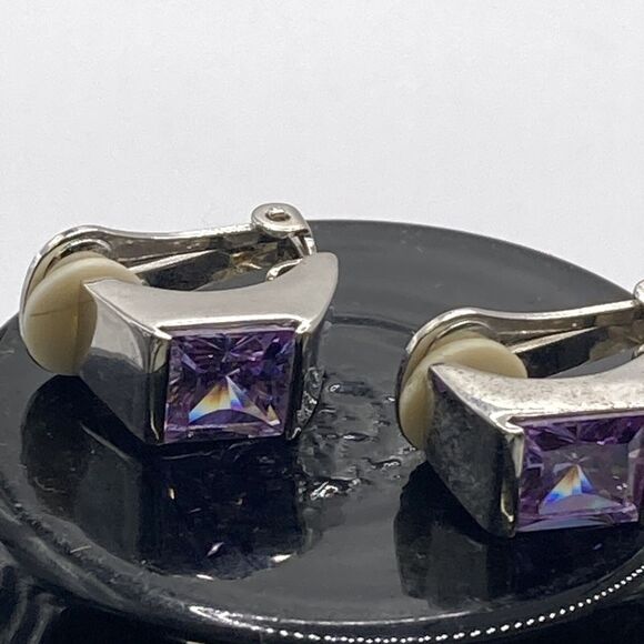 Vintage Park Lane 3 Piece Set Silver Tone Faux Amethyst Ring Sz7 Clip Earrings - Picture 9 of 14